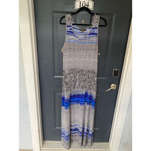 Fever Maxi Dress- Black White Blue Geometric Design, SIze XXL / 2XL - Picture 1 of 9